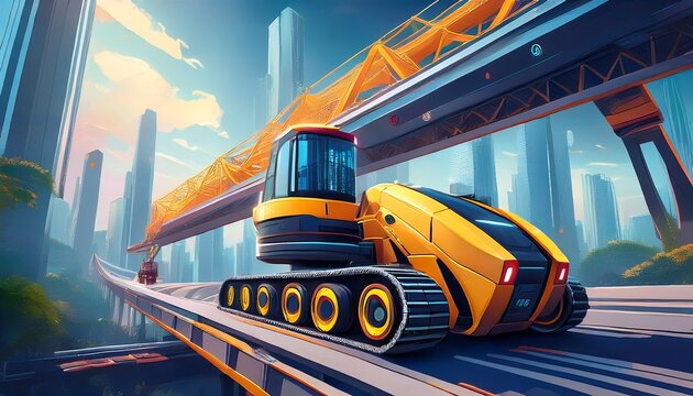 an ai powered autonomous construction vehicle building a bridge in a smart city futuristic machinery with real time data analysis and structural precision construction technology style