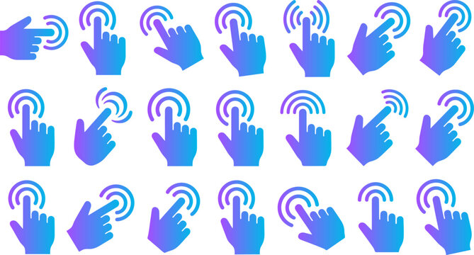 Hand cursor set vector collection interactive pointer finger touching screen various gestures on transparent background.