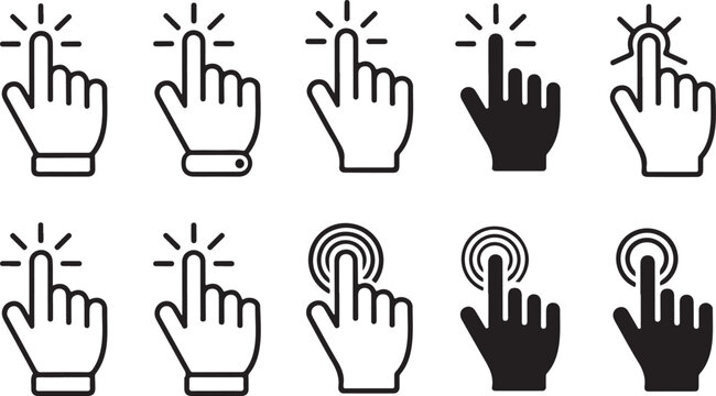 Hand gestures with light rays icon set