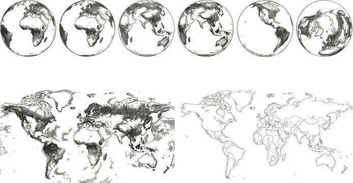 Set of detailed world maps and globe spheres showing different continents and hemispheres in vintage hand drawn sketch style vector illustration isolated on white background