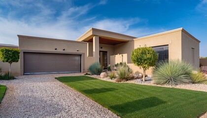 Fototapeta premium modern desert house with stunning landscaping featuring a gravel pathway artificial turf and drought tolerant plants