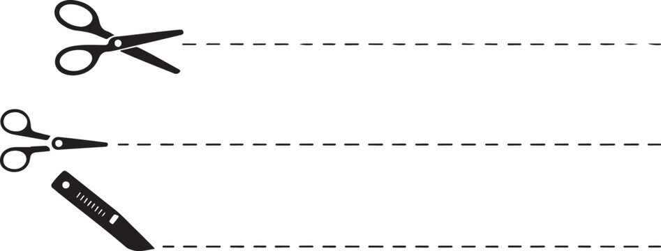 Black scissors and ruler on dashed lines