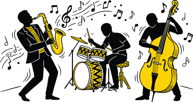Live jazz band performance with musicians silhouettes playing saxophone drums and double bass cello instruments with doodle music notes vector illustration