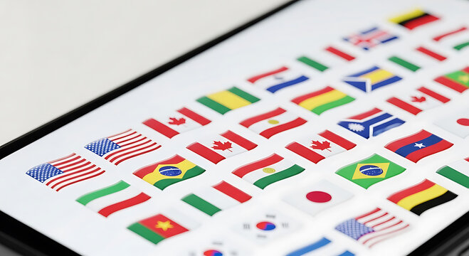 Digital Display of Global Country Flags and Icons on Tablet Screen for Language Learning and International Communication