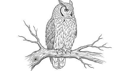 Obraz premium A detailed black and white line art illustration of a majestic great horned owl perched on a tree branch.