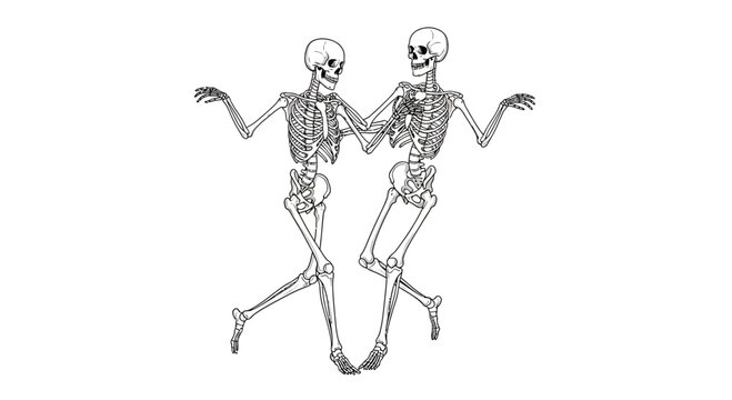 Two skeletons dancing together in a playful pose.
