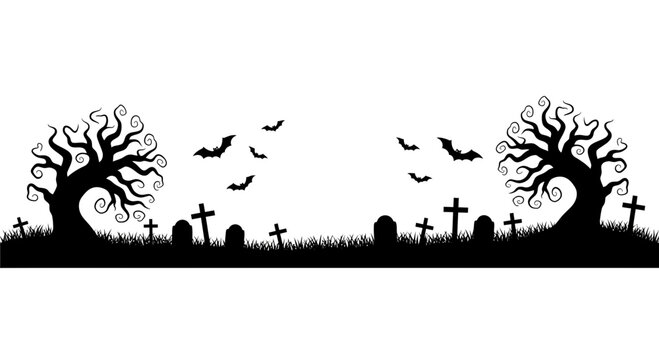 Spooky Halloween graveyard silhouette with twisted trees and flying bats.