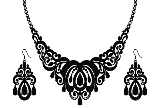 Elegant black necklace and matching earrings set displayed on white background