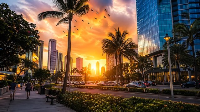Vibrant sunset paints the sky with golden orange hues illuminating modern city skyline with palm trees lining the street and cars on the road