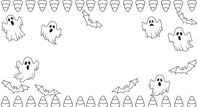 Hand drawn Halloween border with ghosts bats and candy corn.