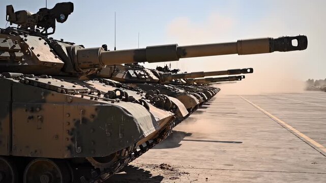 Row of heavy armored military tanks in formation on desert base