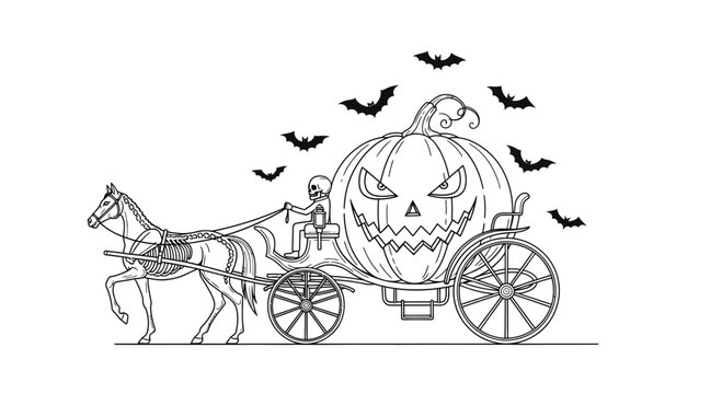 A spooky Halloween pumpkin carriage pulled by a horse with a skeleton driver.