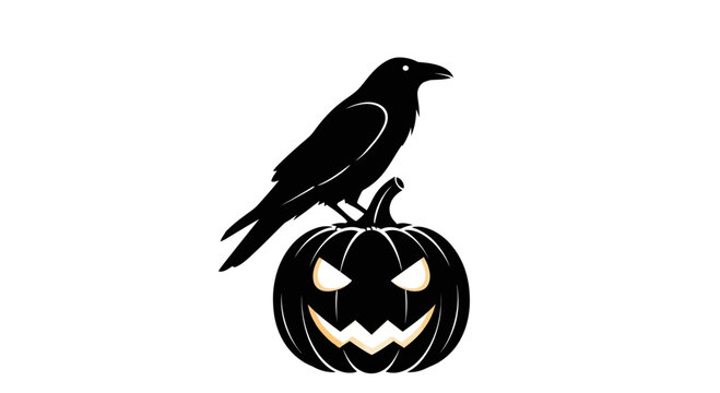 A black crow perched on top of a spooky carved jack o lantern pumpkin.