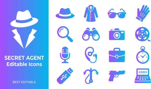 Secret agent editable icons with spy and detective equipment on gradient background.