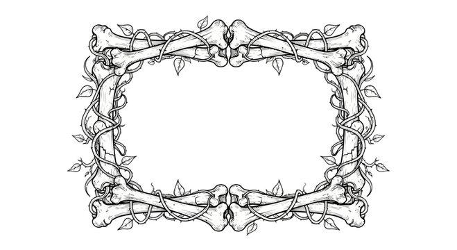 A decorative rectangular frame composed of human bones and intertwined vines.