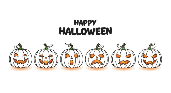 A collection of six hand drawn spooky jack o lantern pumpkins arranged in a horizontal row for Halloween.