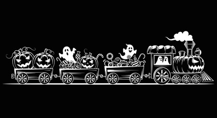 Spooky Halloween train illustration with jack o lanterns and ghosts. © Safa_Sekar Madinah