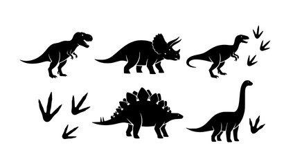 Dinosaurs and Footprints Silhouette Vector Set – Black Flat Dinosaur Icons © MdFaruk