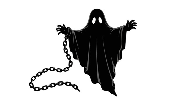 A spooky black silhouette of a ghost with glowing eyes dragging a heavy metal chain.