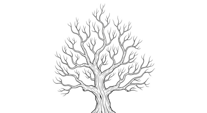 Detailed black and white line art illustration of a leafless deciduous tree.