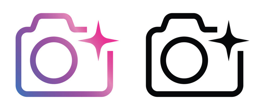 Modern minimalist camera icons with vibrant pink purple gradient and solid black line art design featuring a sparkling flash effect