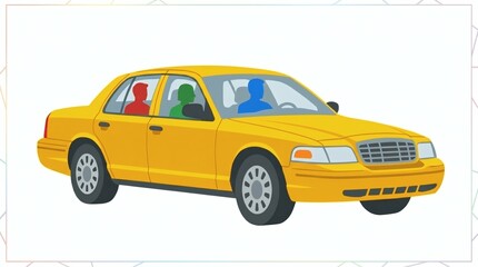 Naklejka premium An isolated vector-style illustration of a classic yellow taxi cab carrying diverse passengers on a clean white background.