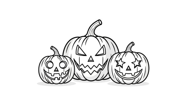 Three hand drawn jack o lantern pumpkins with different carved faces for Halloween.