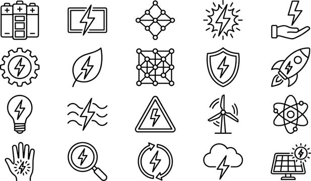 Sustainable Energy and Power Grid Icon Set Featuring Solar Panels Wind Turbines Battery Storage Green Eco Technology and Electricity Line Art Vectors