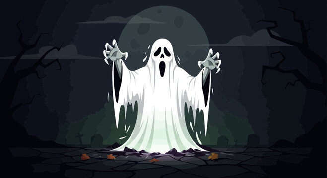 A spooky white ghost character with raised arms and a frightened expression.