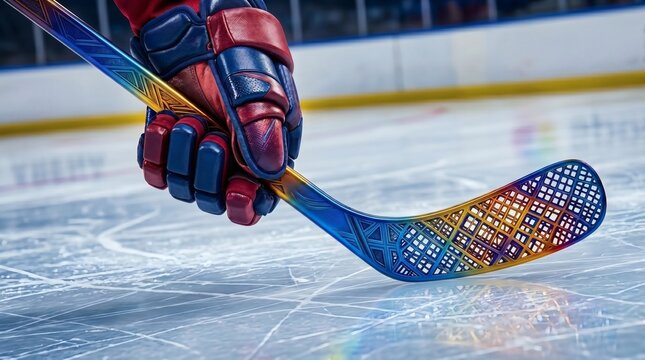 A close-up shot of a player holding a modern ice hockey stick with a metallic rainbow finish and a detailed geometric pattern on an ice rink.