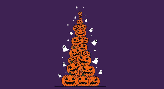 A tall stack of carved jack o lanterns forming a spooky Halloween tree.