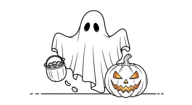 A cute cartoon ghost holding a candy bucket next to a spooky jack o lantern.
