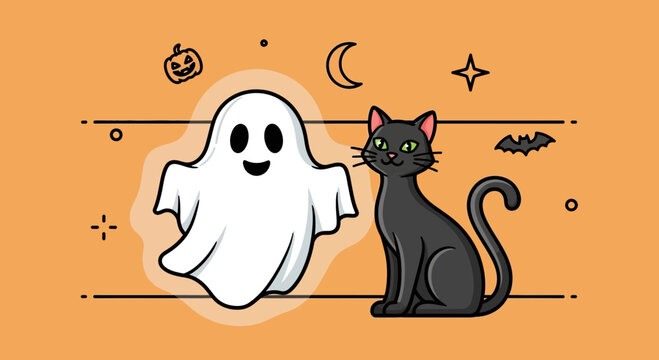 A cute cartoon ghost and a black cat sitting together for Halloween.