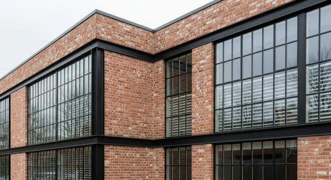 Sleek Modern Industrial Loft House with Red Brick and Black Steel Frames under Overcast Lighting