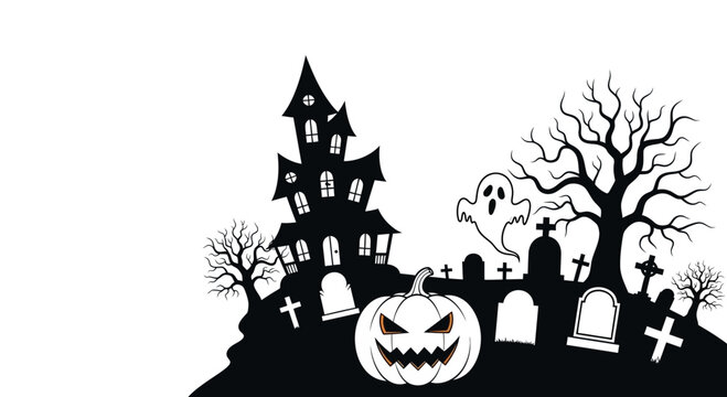 A spooky Halloween scene featuring a haunted house graveyard ghost and jack-o-lantern.