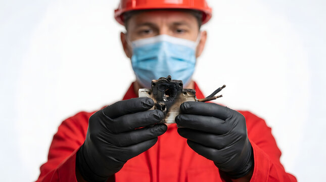 A fire damaged circuit breaker mcb isolated on white background held by professional safety officer in black latex gloves