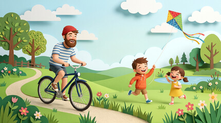 Naklejka premium Happy father riding a bicycle with his son and daughter flying a kite in a beautiful sunny green park during summer