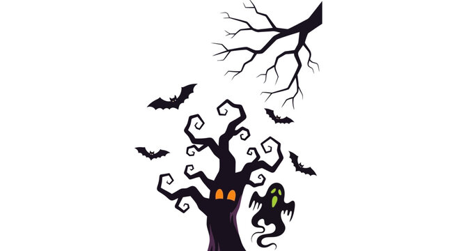 Spooky Halloween tree with glowing eyes and a ghost surrounded by flying bats.