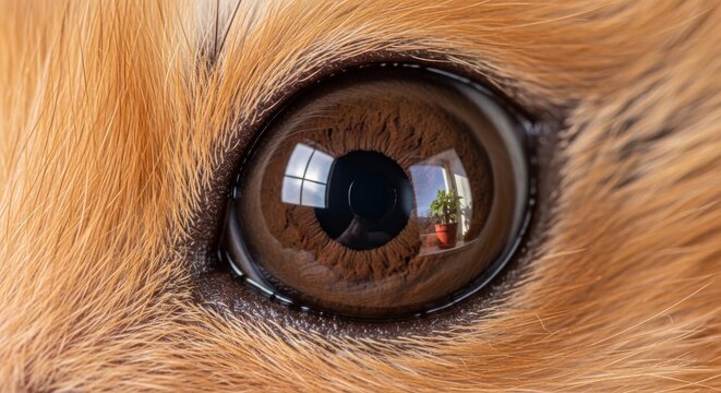Extreme macro close up of a brown dog eye reflecting a room with a potted plant in bright natural light