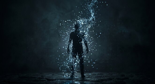 Futuristic human silhouette dissolving into glowing blue digital particles, representing AI consciousness and data virtualization.