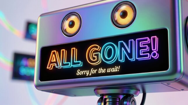 A playful 3D retro-futuristic robot head with glowing orange eyes, featuring an integrated neon digital display screen that reads "ALL GONE! Sorry for the wait!".
