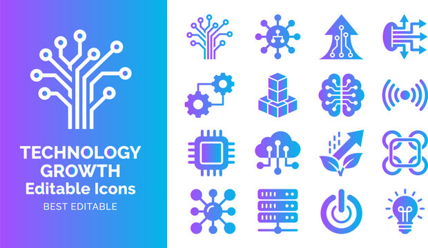 Technology growth icons circuit tree brain wifi cloud computer data server power button lightbulb.