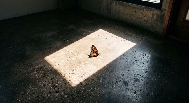 A small domestic cat sitting quietly inside a bright rectangular patch of natural sunlight on a dark raw concrete floor.