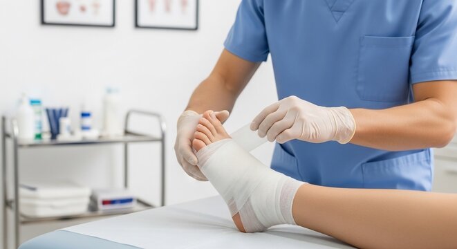 Medical professional bandaging an ankle in a clinic