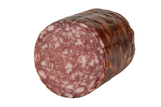 A cured sausage with white flecks on a white background  closeup
