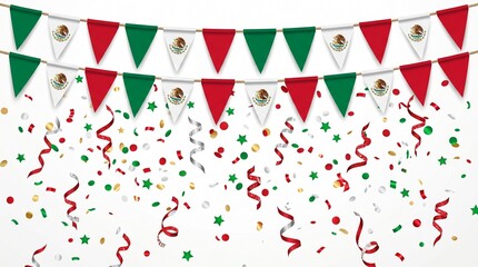 Obraz premium Mexican flag bunting and confetti decoration for national celebrations with party supplies, confetti