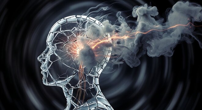 Digital human head with exploding brain and neural network connections