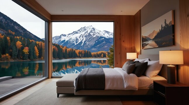 Bedroom with large window offers mountain lake view in fall. Autumn trees, snow peak mountains, calm water reflect nature. Cozy interior wood paneling, bed.