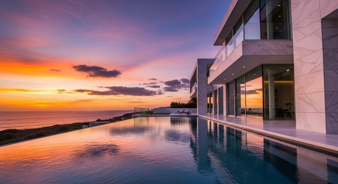 Luxurious modern mansion with white marble facade and infinity pool overlooking the ocean at sunset