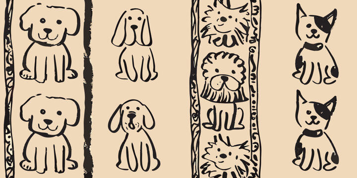 Dog breeds sketched pattern on a beige background